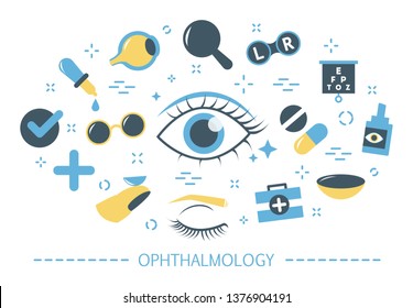 Ophthalmology concept. Idea of eye care and vision. Eyesight examination and correction. Set of colorful icons. Isolated flat vector illustration