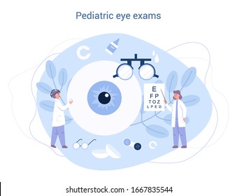 Ophthalmology concept. Idea of eye care and vision. Oculist pointing at eye test chart. Eyesight examination and correction. Vector illustration in cartoon style