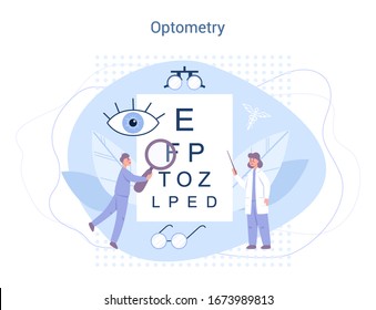 Ophthalmology concept. Idea of eye care and vision. Oculist pointing at eye test chart. Eyesight examination and correction. Vector illustration in cartoon style