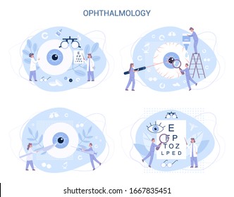 Ophthalmology concept. Idea of eye and vision care. Oculist treatment set. Eyesight examination and correction. Vector illustration in cartoon style