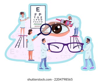 Concepto oftalmológico, metáfora. Médicos de ojos, oculistas. Ópticos, oftalmólogos con anteojos. chequeo ocular. Gráfico visual. Las gotas para la buena visión. ilustración vectorial