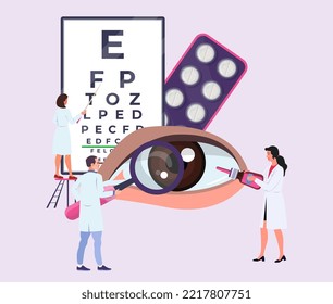 Concepto oftalmológico, metáfora. Médicos de ojos, oculistas. Opticistas, oftalmólogos con lupa, gotas. Tratamiento de los ojos. chequeo ocular. Gráfico visual. Ilustración vectorial plana