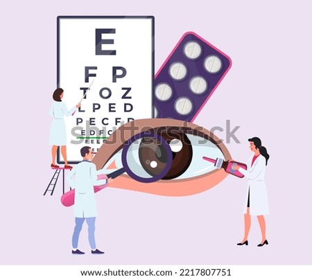 Ophthalmology concept, metaphor. Eye doctors, oculists. Opticians, ophthalmologists holding magnifier, drops. Eyes treatment. Eyesight checkup. Vision chart. Flat vector illustration