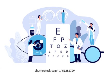 Ophthalmology concept. Ophthalmologist checks patient sight. Optical eyes test, spectacles technology. Vector good vision background. Ophthalmology medicine, optical eyesight examination illustration