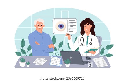 Ophthalmology concept. Ophthalmologist checks a patient's vision. Glaucoma Awareness Month. Vector illustration in flat cartoon style