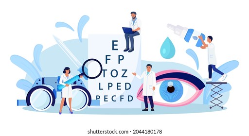 Ophthalmology Concept. Ophthalmologist Doctor Checks Patient Eyesight. Optical Test For Eyes. Good Vision And Care. Oculist Pointing At Eye Test Chart. Ophthalmological Sight Examination And Treatment