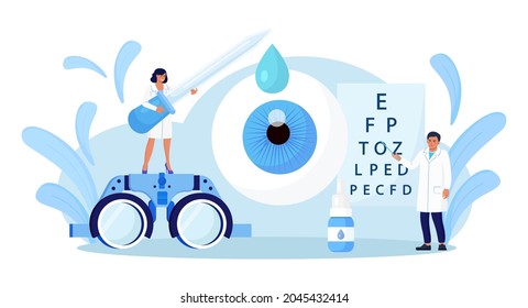 Ophthalmology Concept. Ophthalmologist Doctor Checks Patient Eyesight. Optical Test For Eyes. Good Vision And Care. Oculist Pointing At Eye Test Chart. Ophthalmological Sight Examination And Treatment