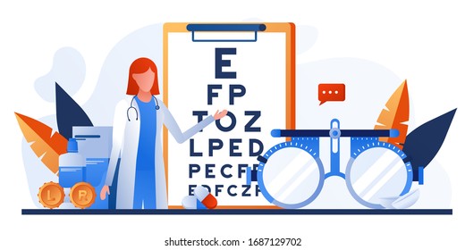 Ophthalmology concept. Ophthalmologist female doctor eyesight check up. Vision test medical concept with glasses, eye examination, eye drop, chart, lens with case. For banner, website design or landing