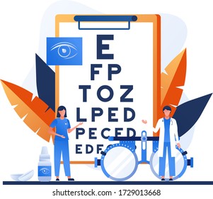 Ophthalmology concept. Ophthalmologist female doctor eyesight check up. Vison test medical concept with glasses, eye examination, eye drop, chart, lens. For banner, website design or landing page