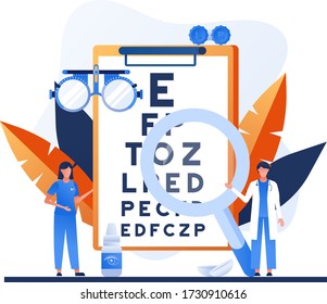 Ophthalmology concept. Ophthalmologist female doctor eyesight check up. Vison test medical concept with glasses, eye examination, eye drop, chart, lens. For banner, website design or landing page