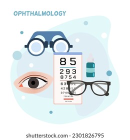 Concepto oftalmológico en colores pastel, elementos de visión, colirios, anteojos y ojos humanos
