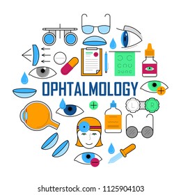 Ophthalmology concept with thin line icons. Oculist optometry pictograms. Human eyes vision diagnosis and correction. Ophthalmology healthcare vector illustration. Eye specialist clinic outline signs