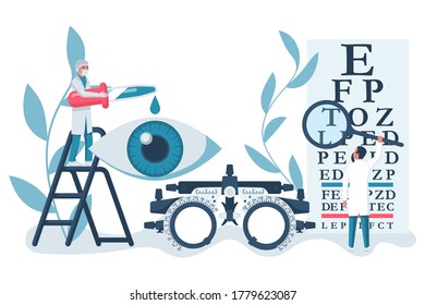 Concepto oftalmológico. Banner web, plantilla para examen ocular. Un grupo de médicos trata y examina los ojos. Médico profesional. Diseño plano de ilustración vectorial. Aislado sobre fondo blanco.