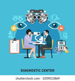 Ophthalmology diagnostic center flat poster with optometrist eye examination instruments treatments correctional lenses prescriptions background vector illustration 