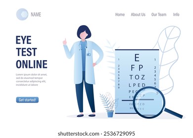 Oftalmología Diagnósticos y pruebas oftálmicas Página de inicio Plantilla Prueba ocular. Prueba de visión. Examen óptico. Un suspiro sano. Concepto de atención médica. Oculista femenina en uniforme. Ilustración vectorial de estilo de moda