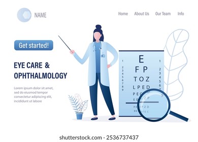 Oftalmología Diagnósticos y pruebas oftálmicas Página de inicio Plantilla Prueba ocular. Prueba de visión. Examen óptico. Un suspiro sano. Concepto de atención médica. Oculista femenina en uniforme. Ilustración vectorial de estilo de moda