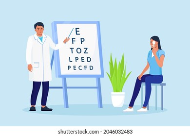 Diagnóstico oftalmológico, corrección visual, optometría. Oftalmólogo revisando la vista del paciente. Oculista parado cerca de la tabla de pruebas oculares y mostrando carta a la mujer. Clínica ocular 