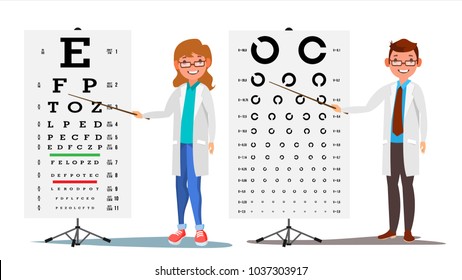 Ophthalmology Doctor Set Vector. Female, Male. Medical Eye Diagnostic. Eye Test Chart In Clinic. Diagnostic Of Myopia. Medicine Concept. Isolated Flat Cartoon Illustration