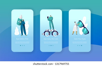 Ophthalmology Doctor Test Eyesight Mobile App Page Onboard Screen Set. Man Oculist Character with Phone Analysis Eye Health. Treatment Eyewear Focus Website Flat Cartoon Vector Illustration