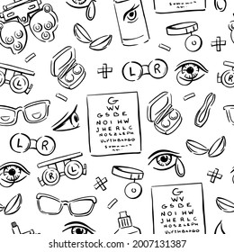 Ophthalmology doodle seamless pattern. Optometry, contact lenses, glasses, phoropter and much more. Vector hand-drawn background.