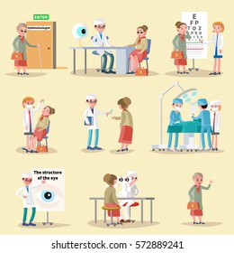 Ophthalmology elements collection with doctors patients eye diagnostic and medical treatment isolated vector illustration