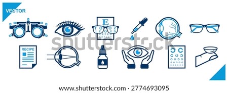 Ophthalmology and Eye Care Icons Set, Vector Eye Health Symbols. Optometry Clinic Design Elements, Vision Testing and Eye Anatomy Icons. Minimalist Blue Vector Icons for Vision Correction and Eye Examination.