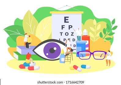 Ophthalmology eye care, oculists work vector illustration. Sight clinical diagnostic, vision check up testing. Doctor use special equipment for eyesight diseases treatment, measurment table, glasses.