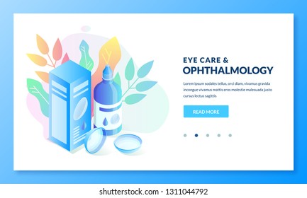 Ophthalmology and eye care, vector isometric gradient illustration. Landing page or banner design template for medicine and healthcare themes. Contact lenses box and liquid lubricant drops in bottle.