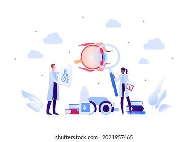 Ophthalmology and eye disease concept. Vector flat healthcare illustration. Male female ophthalmologist doctor team with equipment. Eyeball, chart, drops, book symbol. Design for health care.