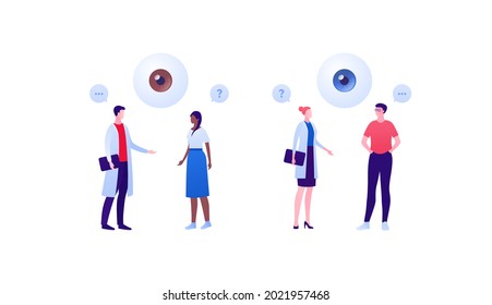Oftalmología y concepto de enfermedad ocular. Conjunto de ilustraciones sanitarias planas vectoriales. Médica femenina masculina y carácter paciente en cita aislada en blanco. Diseño para la atención de la salud.
