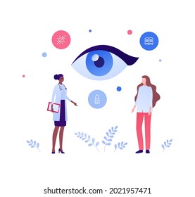 Konzept der Ophthalmologie und Augenkrankheiten. Vektorgrafik für Gesundheitswesen. Afrikanisch-amerikanische Augenärztin und Patientin. nach der Ernennung. Design für die Gesundheitsversorgung.