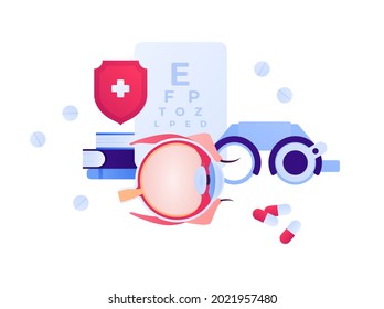 Oftalmología y concepto de enfermedad ocular. Ilustración vectorial de asistencia sanitaria plana. Examen de anteojos, gráfico, libro, símbolo de pastillas. Diseño para atención de salud, farmacia