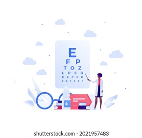 Ophthalmology and eye disease concept. Vector flat healthcare illustration. Female ophthalmologist doctor with pointer. Eyeglasses, chart, drops, book symbol. Design for health care.