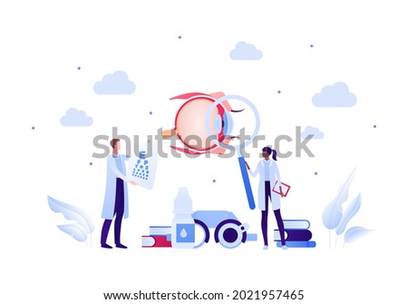 Ophthalmology and eye disease concept. Vector flat healthcare illustration. Male female ophthalmologist doctor team with equipment. Eyeball, chart, drops, book symbol. Design for health care.