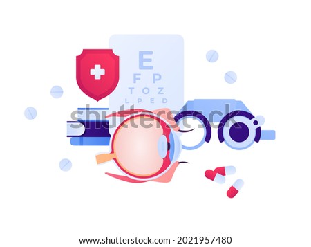 Ophthalmology and eye disease concept. Vector flat healthcare illustration. Eyeglasses exam, chart, book, pills symbol. Design for health care, pharmacy