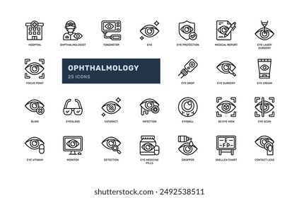 ophthalmology eye doctor hospital medical clinic detailed outline line icon set