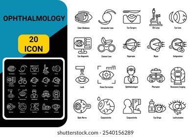 Oftalmología Ocular Médico Hospital Clínica médica Línea de contorno conjunto de iconos