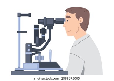 Ophthalmology and Eye Examination with Man Health Care Professional Screening Patient on Slit Lamp Vector Illustration