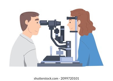 Ophthalmology and Eye Examination with Man Health Care Professional Screening Patient on Slit Lamp Vector Illustration