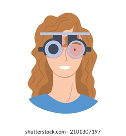 Ophthalmology and Eye Examination with Woman Patient Looking in Slit Lamp Vector Illustration