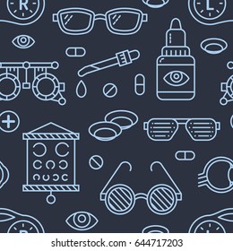 Ophthalmology eye health care seamless pattern, medical vector dark background. Optometry equipment, contact lenses, glasses line icons. Vision correction repeated illustration for oculist clinic.