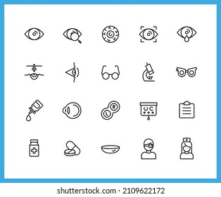 Ophthalmology and eye linear icons. Set of lens, sight, doctor, glasses symbols drawn with thin contour lines. Vector illustration.