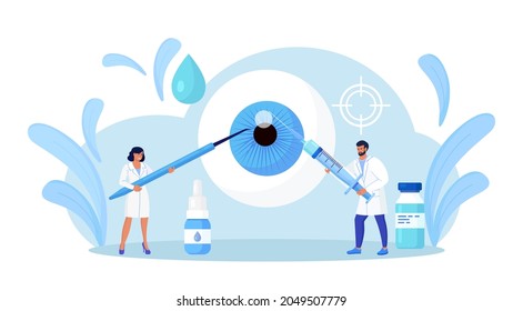 Ophthalmology, eye surgery. Ophthalmological operation treatment for eye disease.Tiny oculist in uniform making eyesight laser correction. Eyes care activity. Doctor checking patient vision