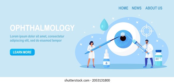 Ophthalmology, eye surgery. Ophthalmological operation treatment for eye disease.Tiny oculist in uniform making eyesight laser correction. Eyes care activity. Doctor checking patient vision