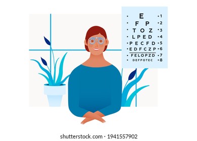 Ophthalmology. Eye Test and Prescription Glasses. Female Patient with Adjustable Optical Trial Lens in Medical Office. Modern Flat Vector Illustration. Social Media Template.