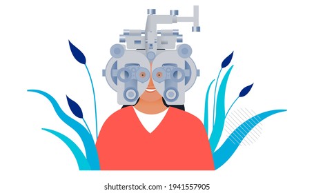 Ophthalmology. Eye Test and Prescription Glasses. Female Has Eye Test Use Optometry Machine on Abstract Background. Modern Flat Vector Illustration. Social Media Template.