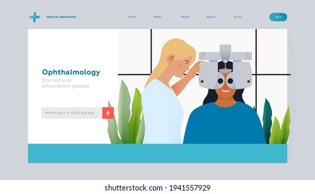 Ophthalmology. Eye Test and Prescription Glasses. Medical Specialist Hold Optometry Machine while Patient Has Eye Test. Modern Flat Vector Illustration. Landing Page Template. Website Banner.
