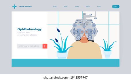 Ophthalmology. Eye Test And Prescription Glasses. Female Has Eye Test Use Optometry Machine In Medical Office. Modern Flat Vector Illustration. Landing Page Template. Website Banner.