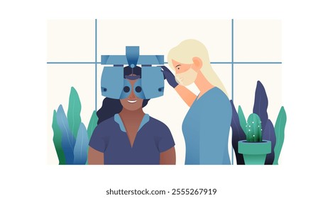 Ophthalmology. Eye Test and Prescription Glasses. Medical Specialist Hold Optometry Machine while Female Patient Perform Eye Test in Medical Office. Modern Flat Vector Illustration. Social Media Templ