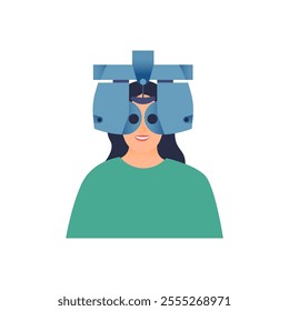 Ophthalmology. Eye Test and Prescription Glasses. Female perform Eye Test Use Optometry Machine in Medical Office. Modern Flat Vector Illustration. Social Media Template.